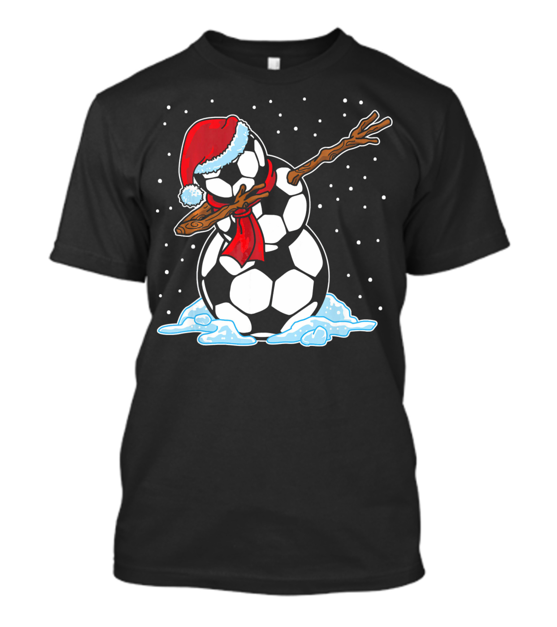 Santa Hat Soccer Ball Snowman With Red Scarf Dabbing In Snowflakes T-Shirt