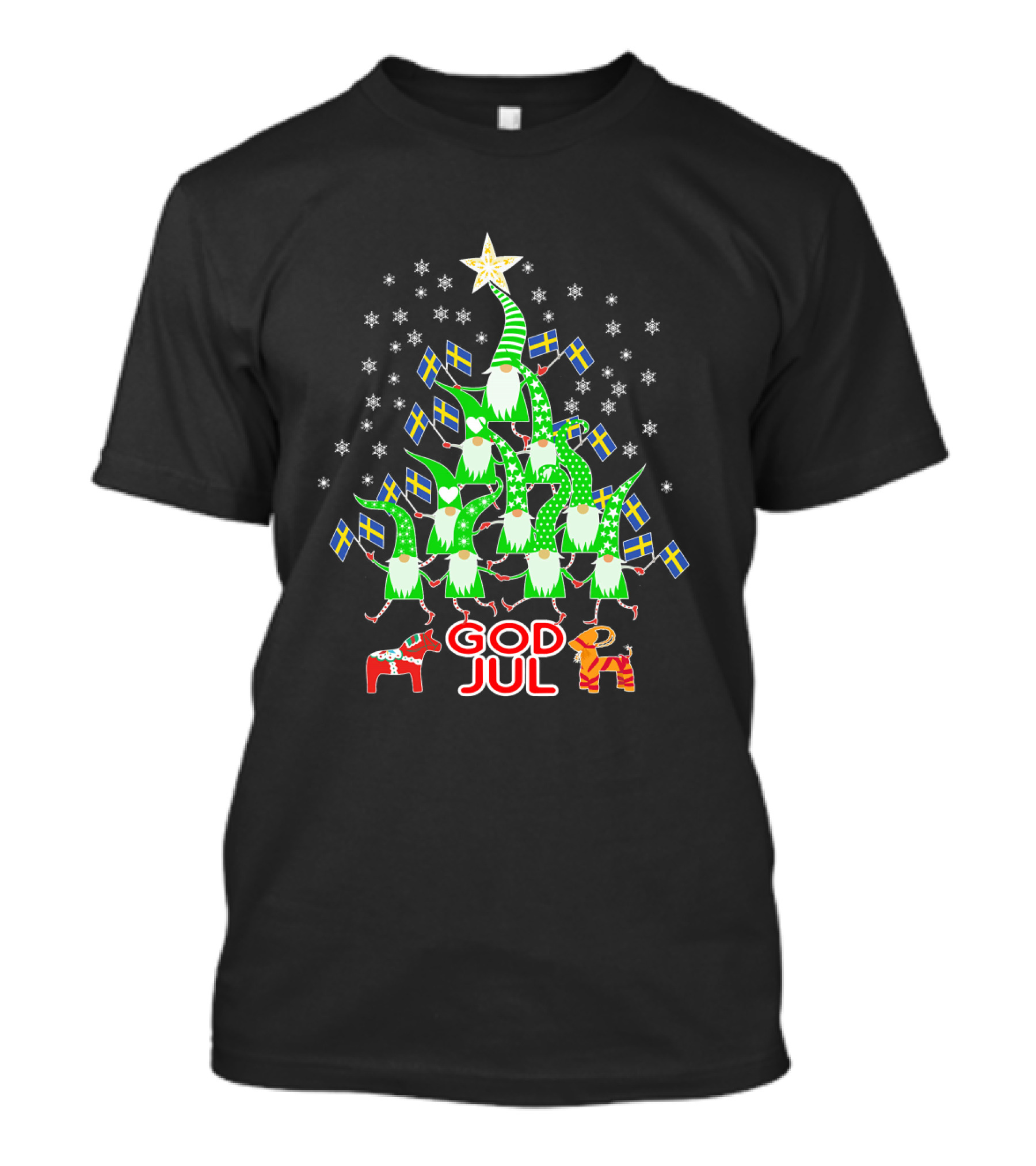 God Jul Christmas Tree Swedish Flags Tomte Nisse Dala Horse T-Shirt