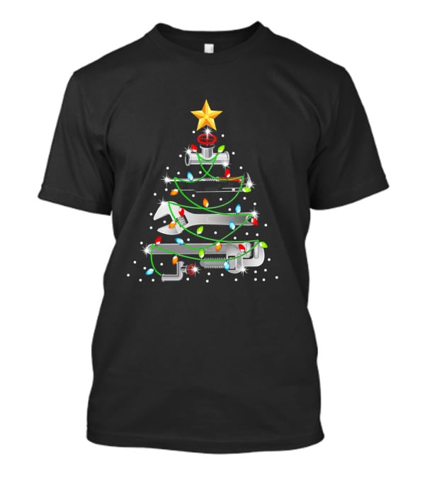 Plumber Christmas Tree Wrench Ornament With Lights And Star T-Shirt