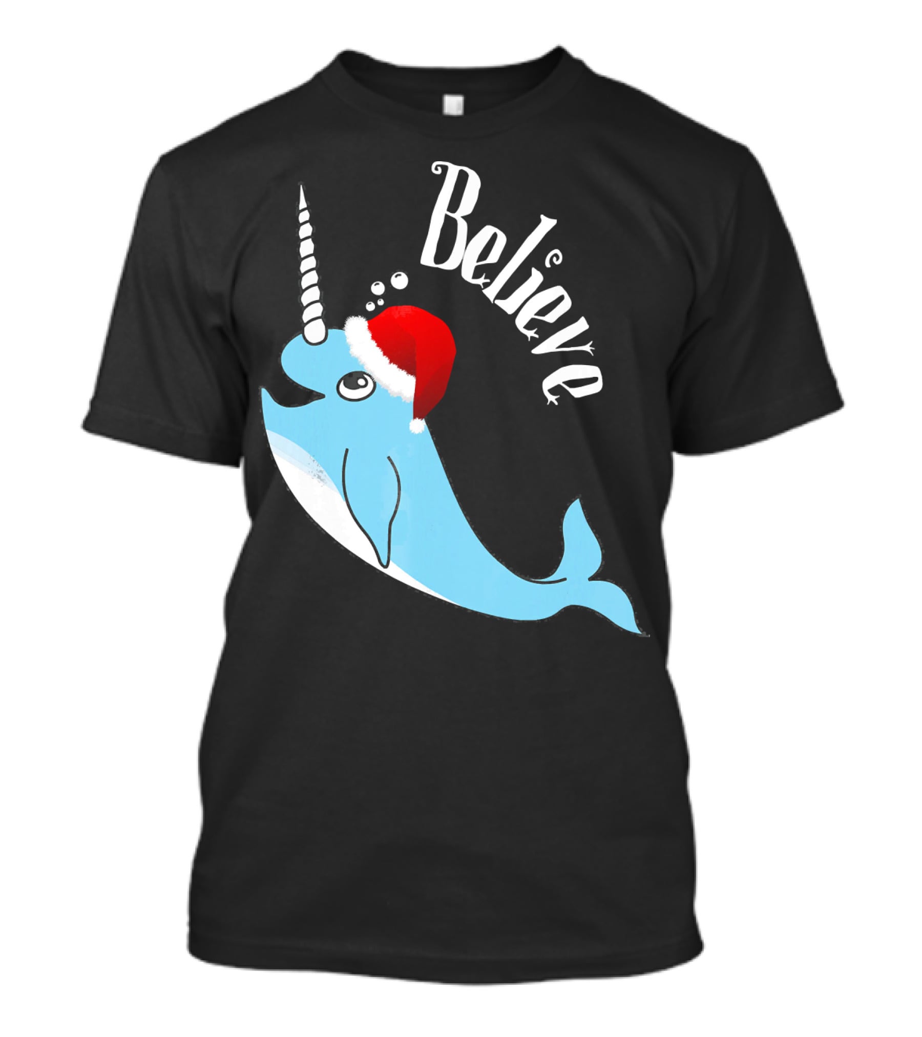 Believe Narwhal Christmas Cute Unicorn Santa Hat T-Shirt