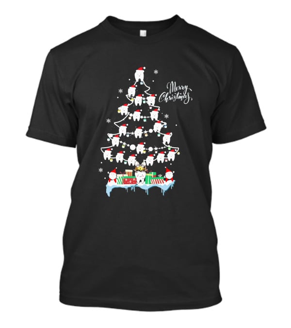 Merry Christmas Funny Teeth Santa Hats Tree T-Shirt
