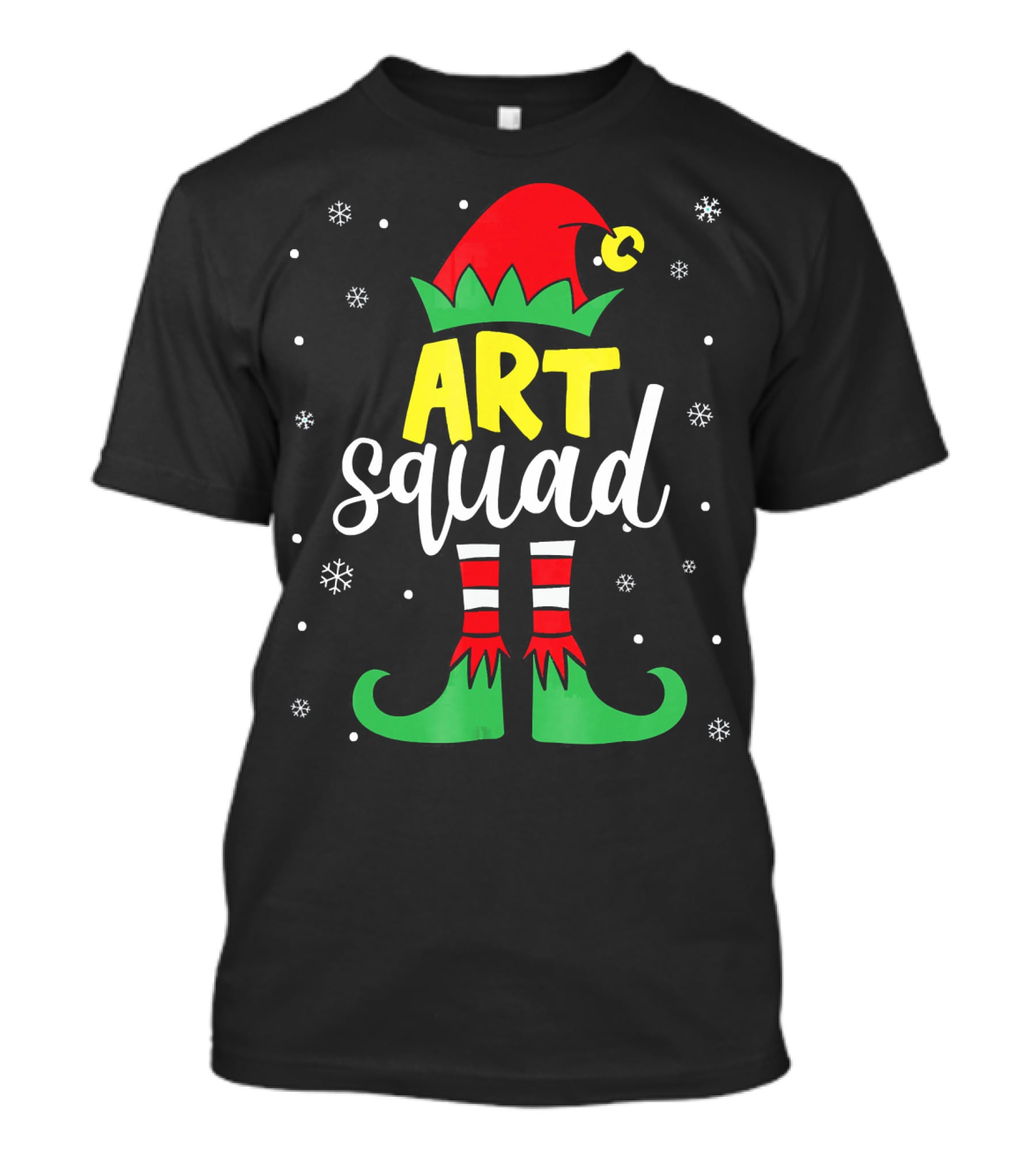 Art Squad Elf Christmas Teacher Snowflakes T-Shirt