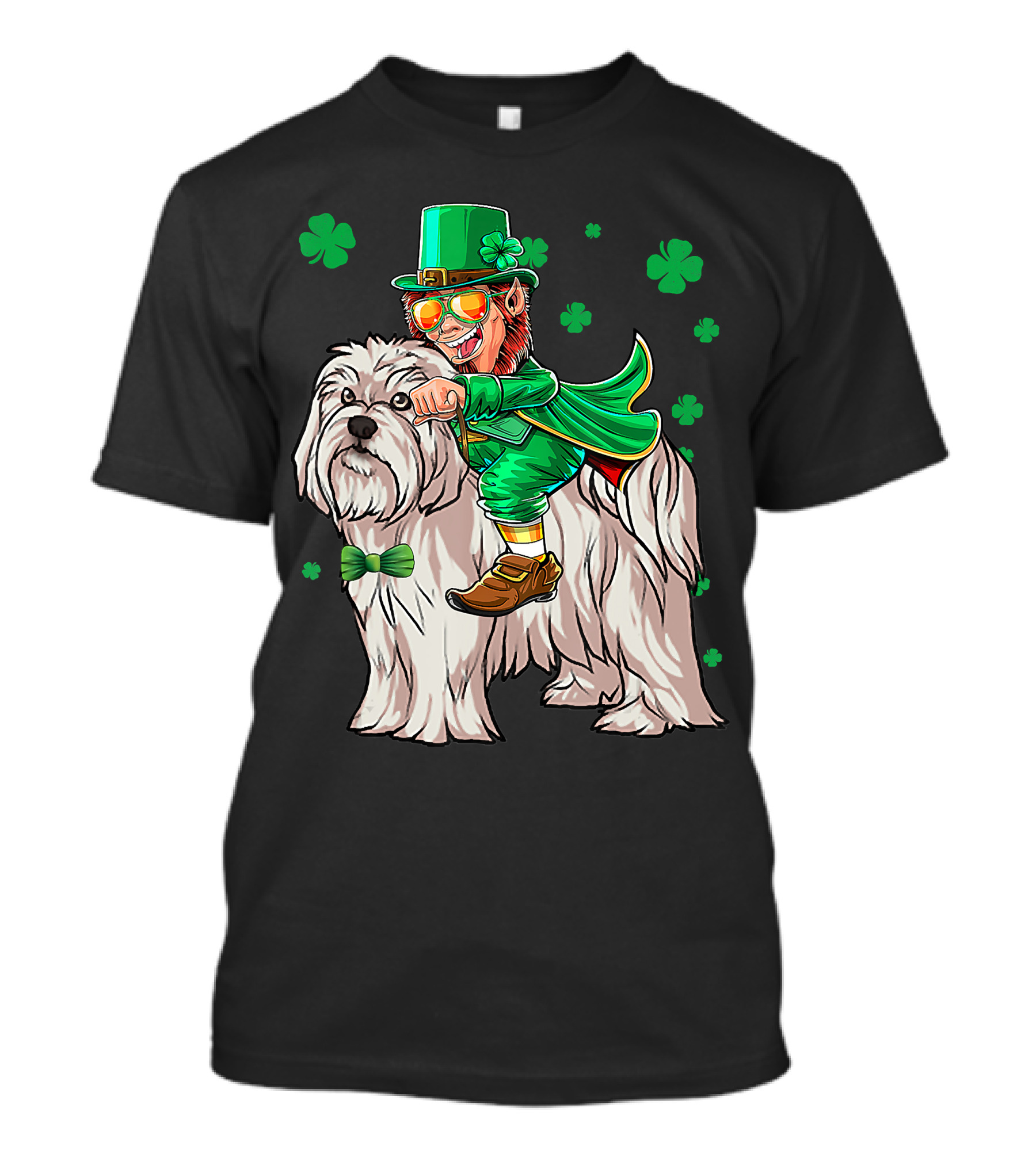 Leprechaun Riding Maltese Dog With Shamrocks T-Shirt