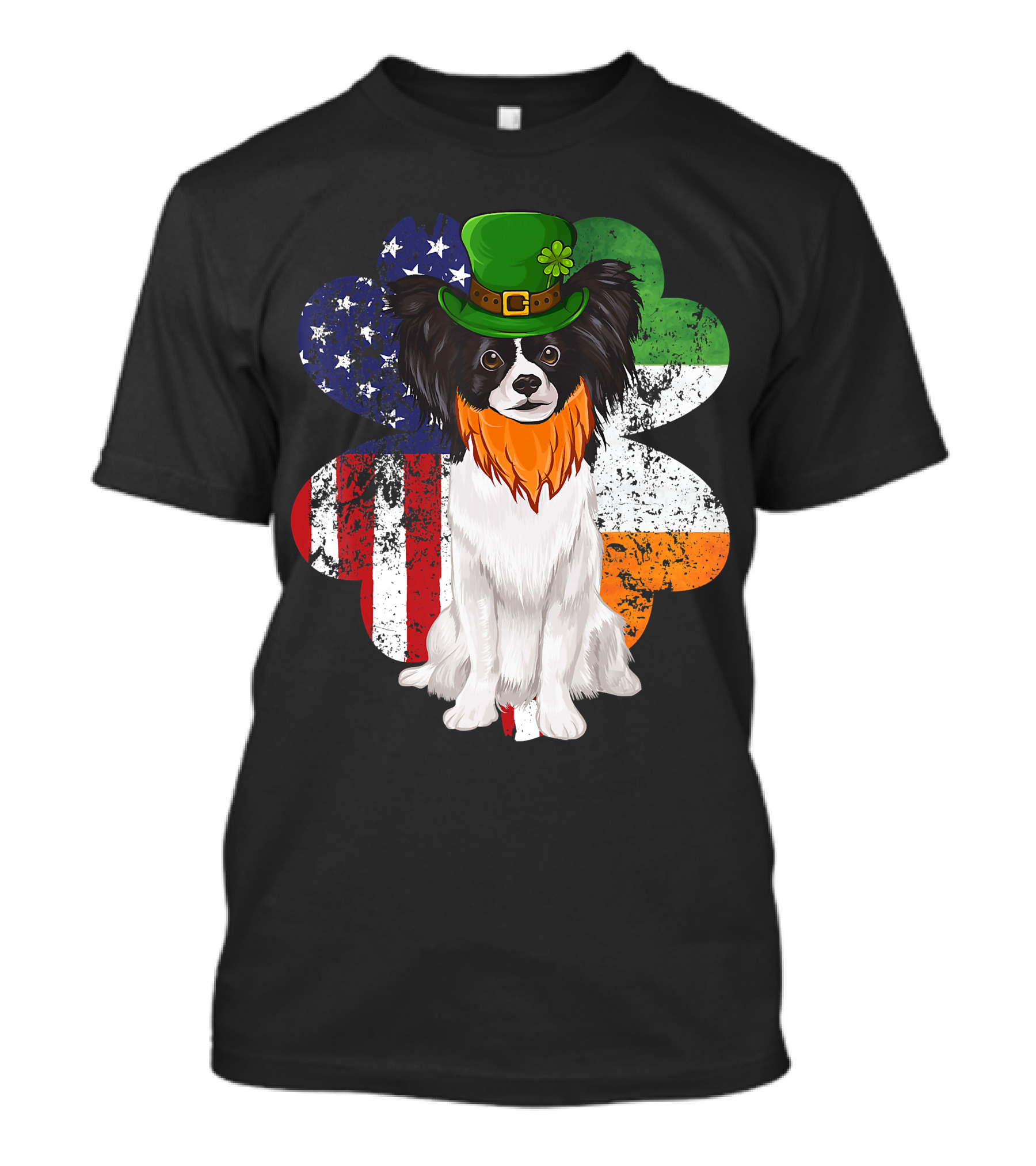 St Patricks Day Irish American Flag Papillon Dog With Leprechaun Hat And Shamrock T-Shirt