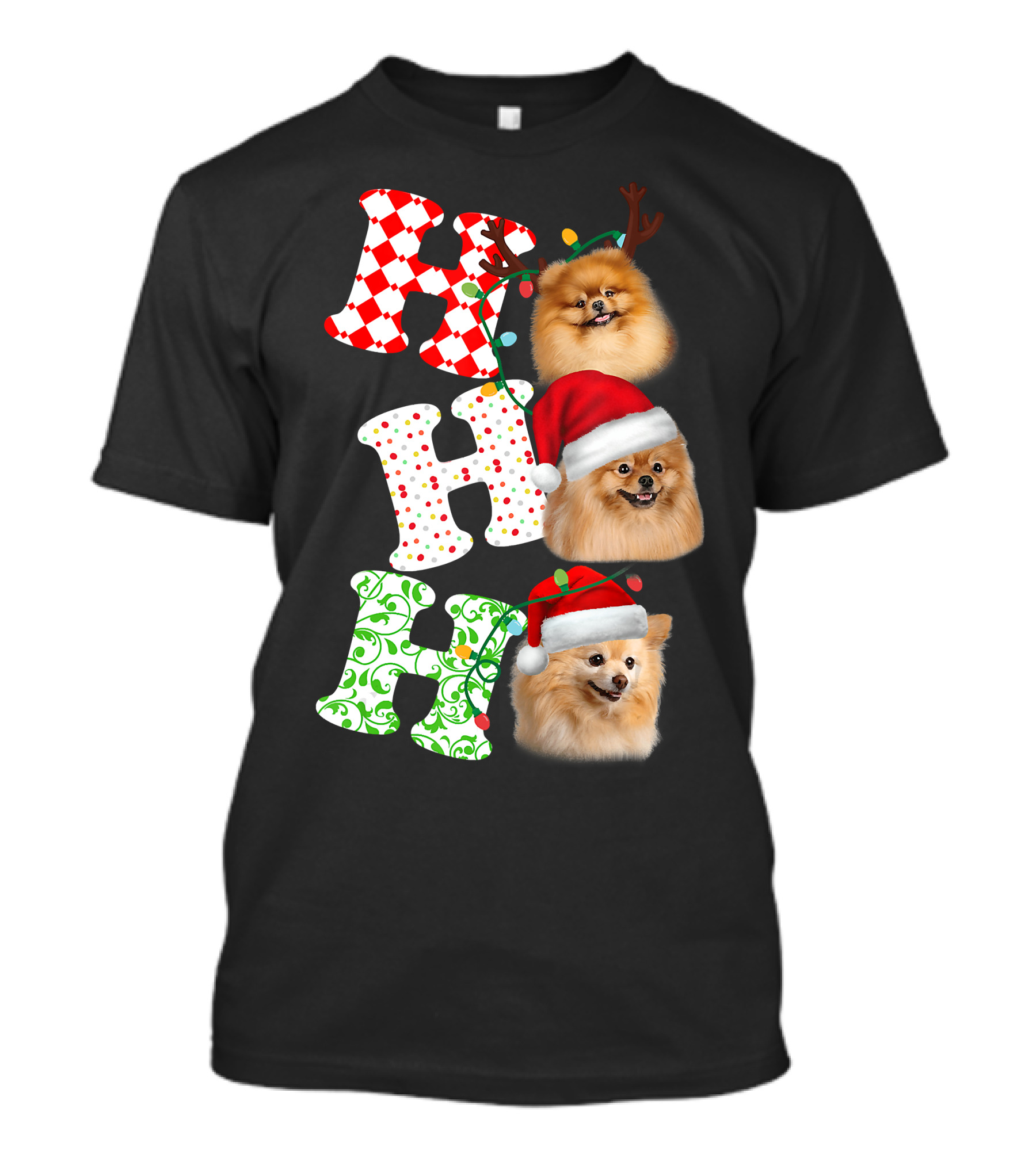 Ho Ho Ho Pomeranian Santa Hat Reindeer Antlers Christmas T-Shirt