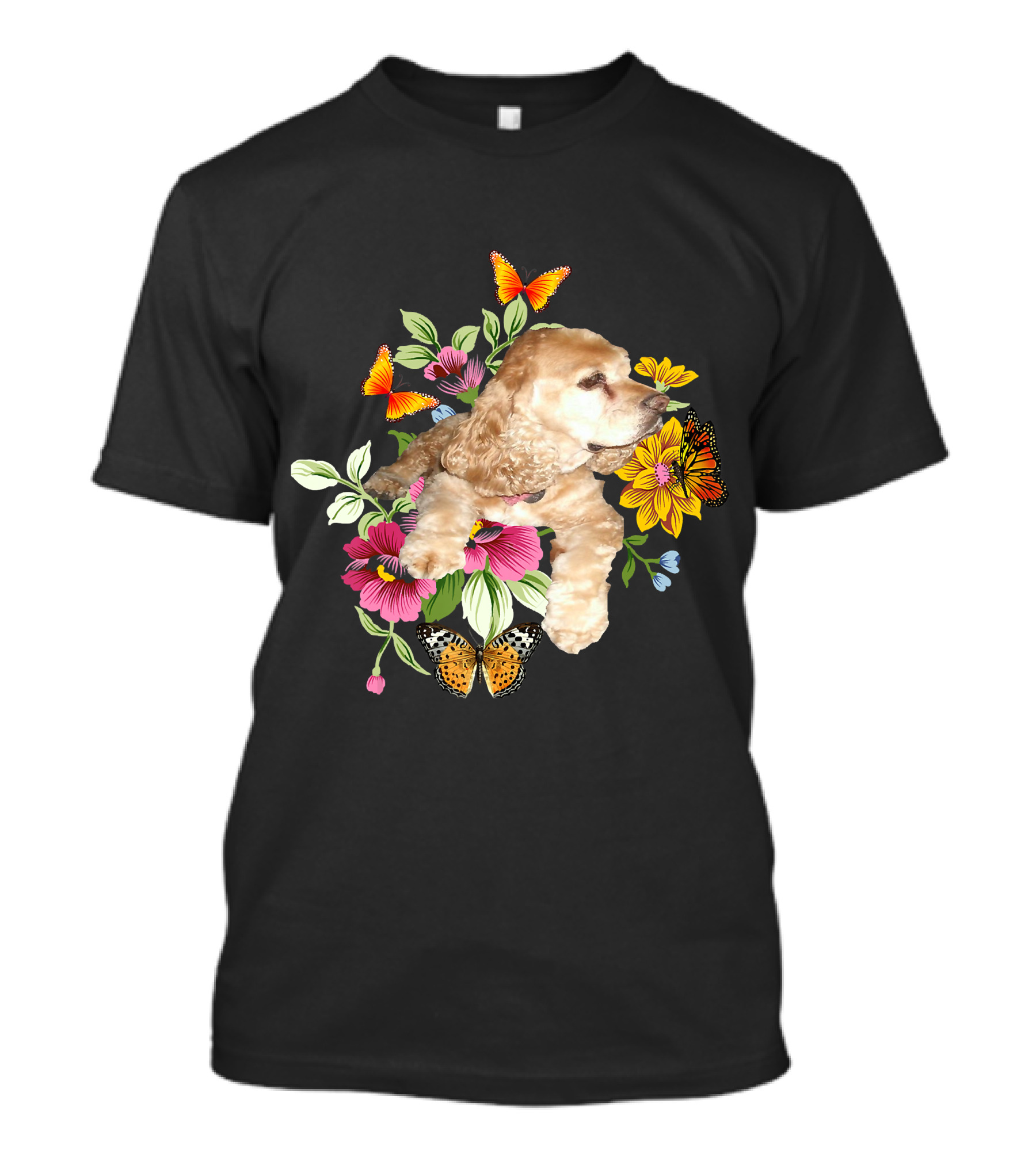 Cocker Spaniel Floral Background Butterflies Loyal Family T-Shirt