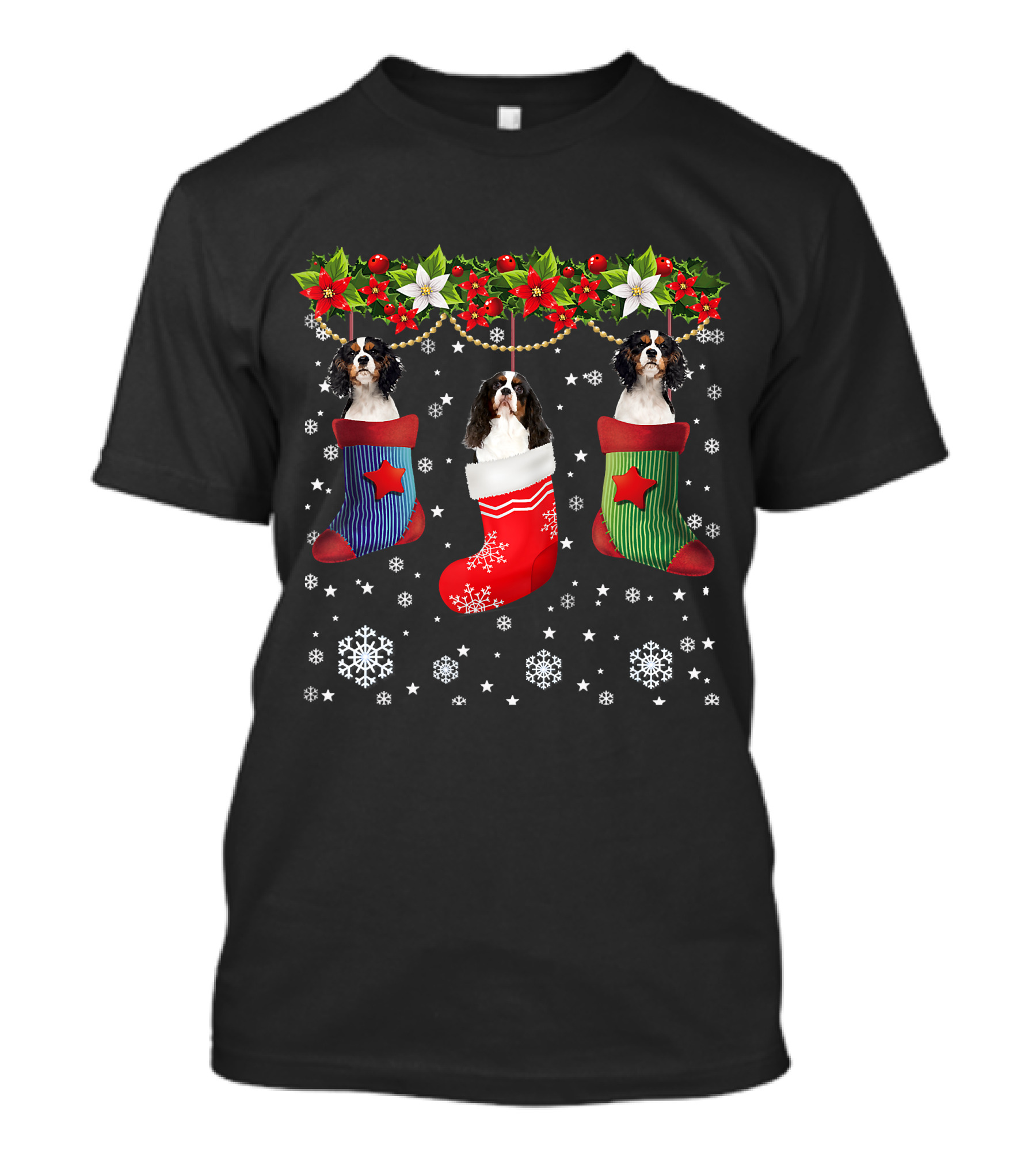 Three Cavalier Dogs In Christmas Stocking Santa Socks T-Shirt