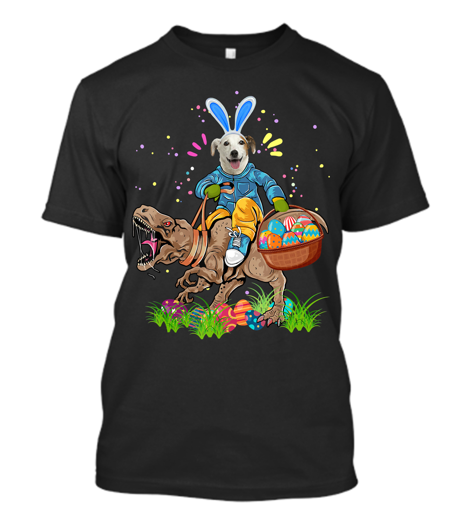 Bunny Jack Russell Dog Riding T-Rex Dinosaur With Colorful Easter Eggs T-Shirt