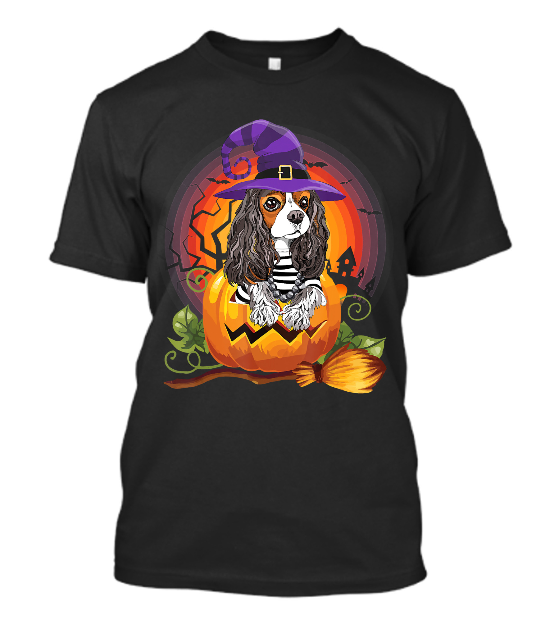 Cavalier Witch Dog In Pumpkin Halloween Scene T-Shirt
