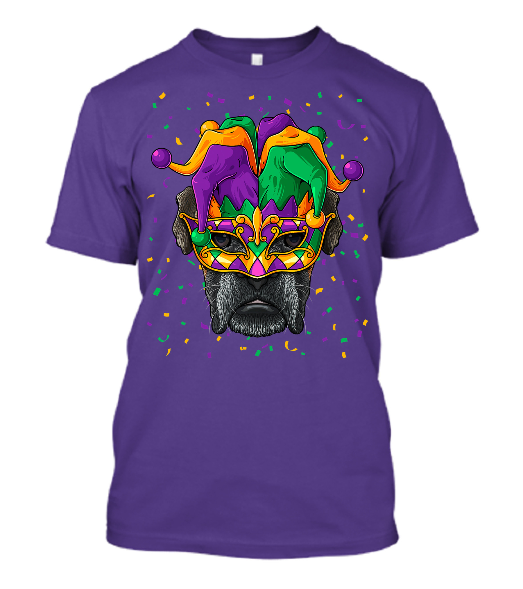 Carnival King Boxer Dog Wearing Jester Mask With Confetti T-Shirt
