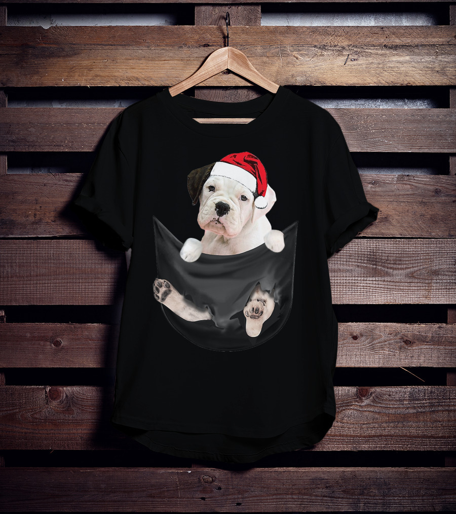 White Boxer Dog Santa Hat Christmas Pocket Mid-Length T-Shirt