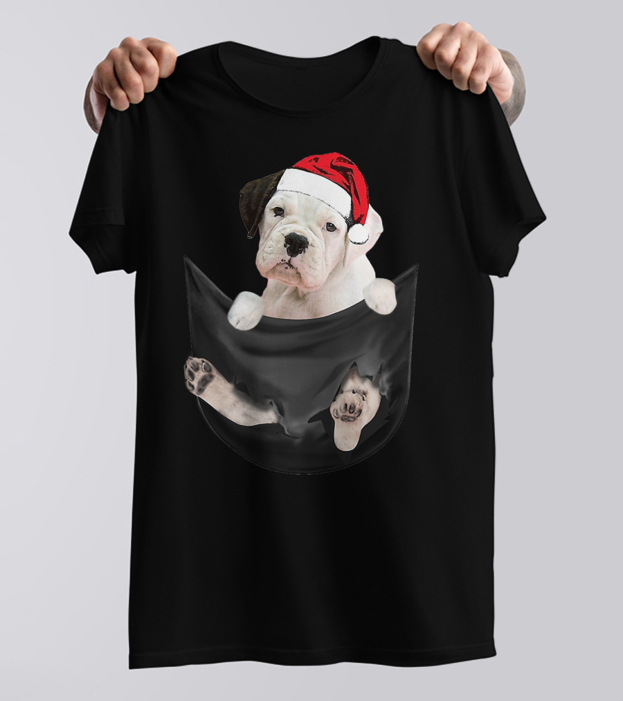 White Boxer Dog Santa Hat Christmas Pocket Mid-Length T-Shirt