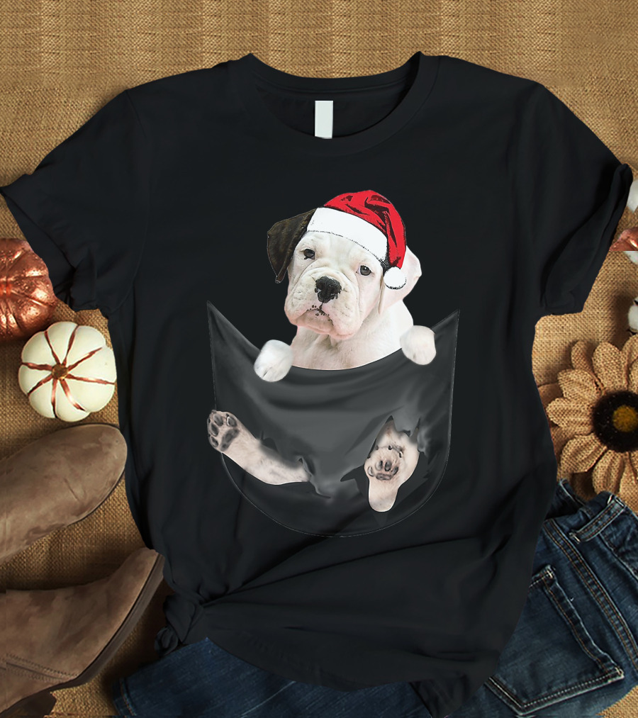 White Boxer Dog Santa Hat Christmas Pocket Mid-Length T-Shirt