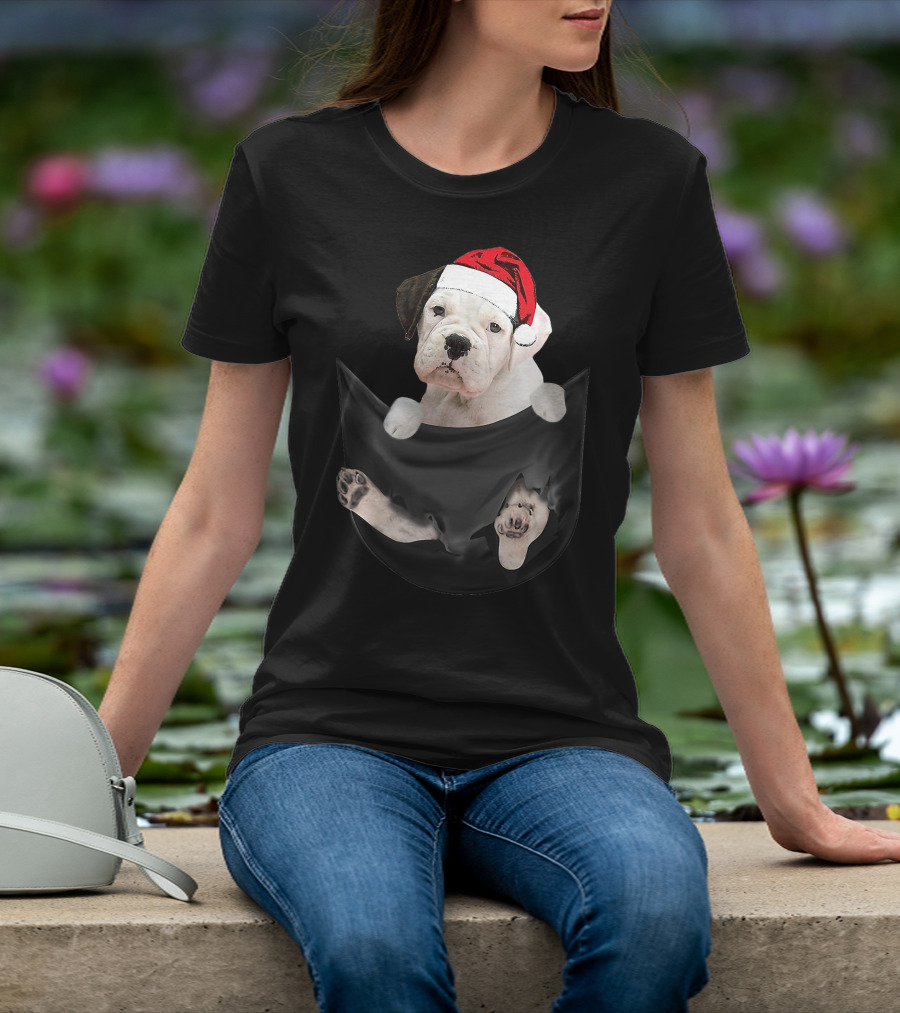 White Boxer Dog Santa Hat Christmas Pocket Mid-Length T-Shirt