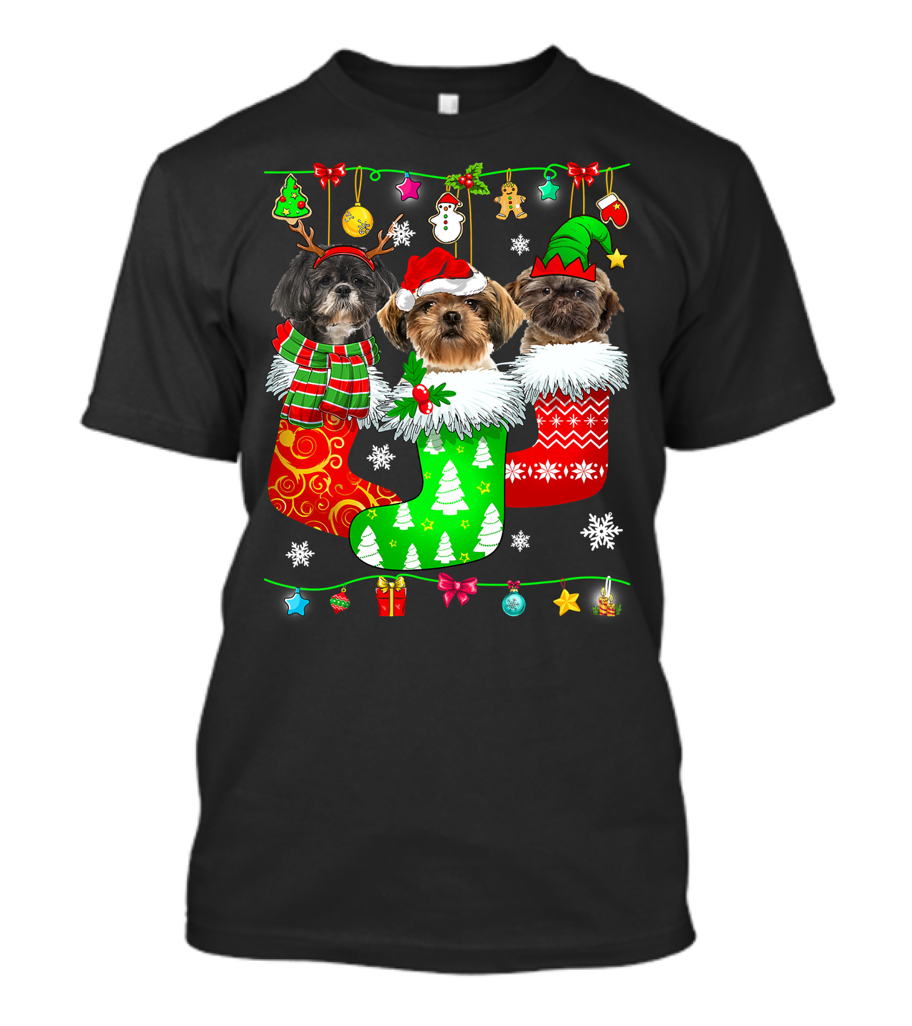 Christmas Shih Tzu Dogs In Festive Holiday Socks Pajama Lover T-Shirt