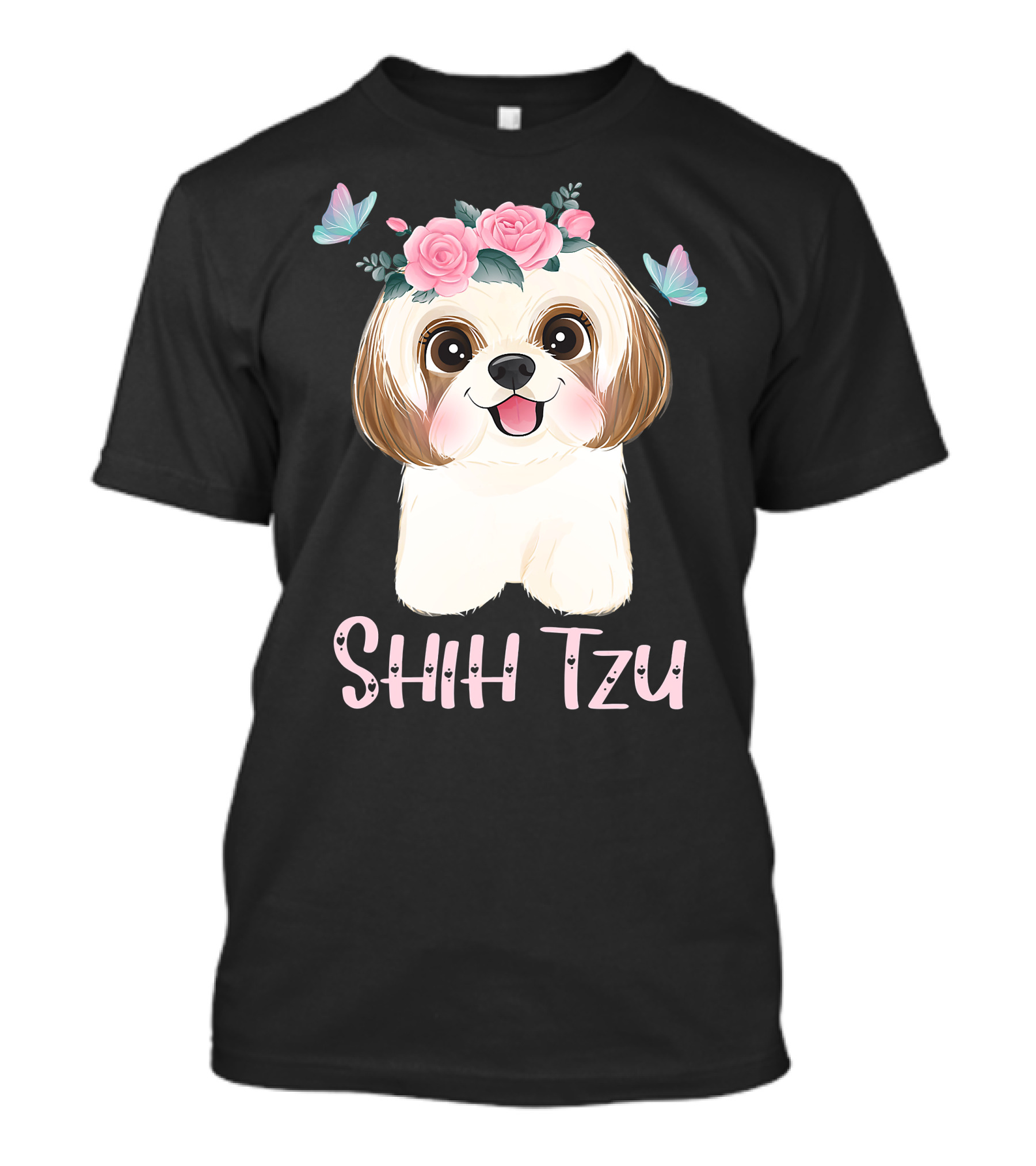 Cute Shih Tzu Mom Dad Mens Dog Lover Ladies Shih Tzu Roses Butterflies T-Shirt