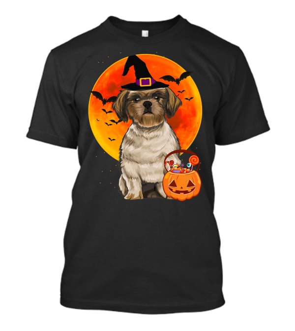 Shih Tzu Dog Halloween Jack O Lantern Pumpkin With Bats And Witch Hat T-Shirt
