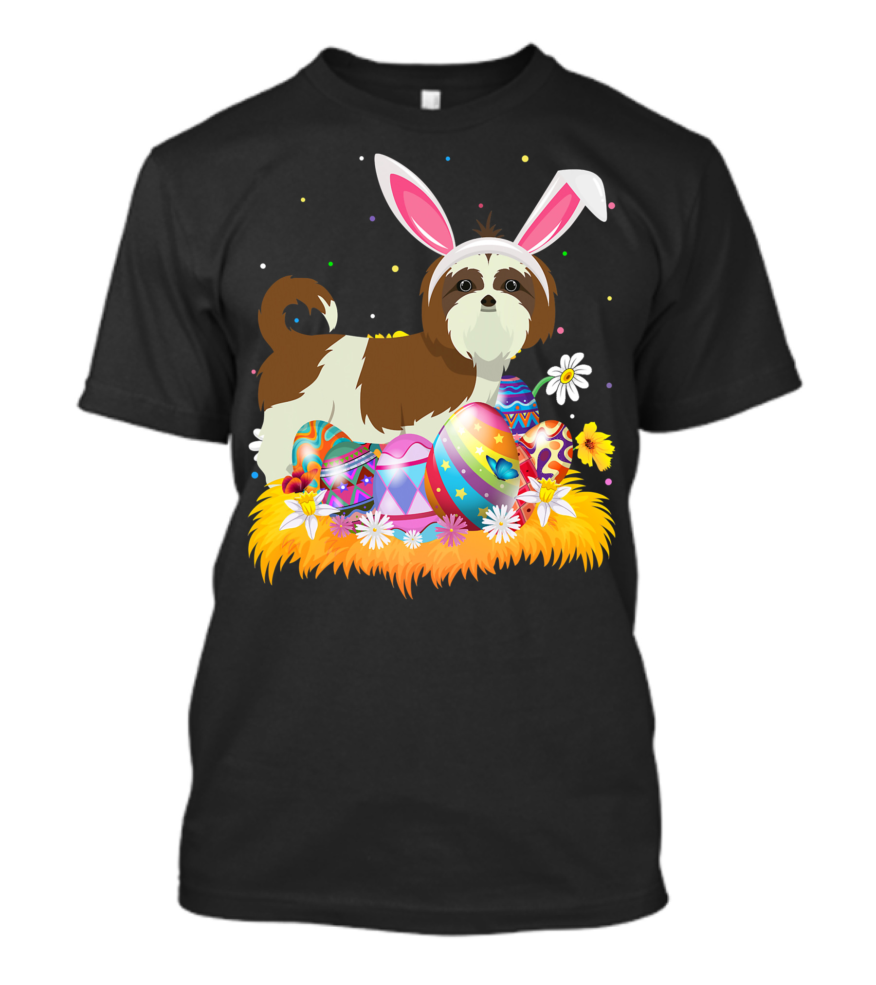 Shih Tzu Bunny Ears With Colorful Easter Eggs And Flowers For Easter Sunday T-Shirt