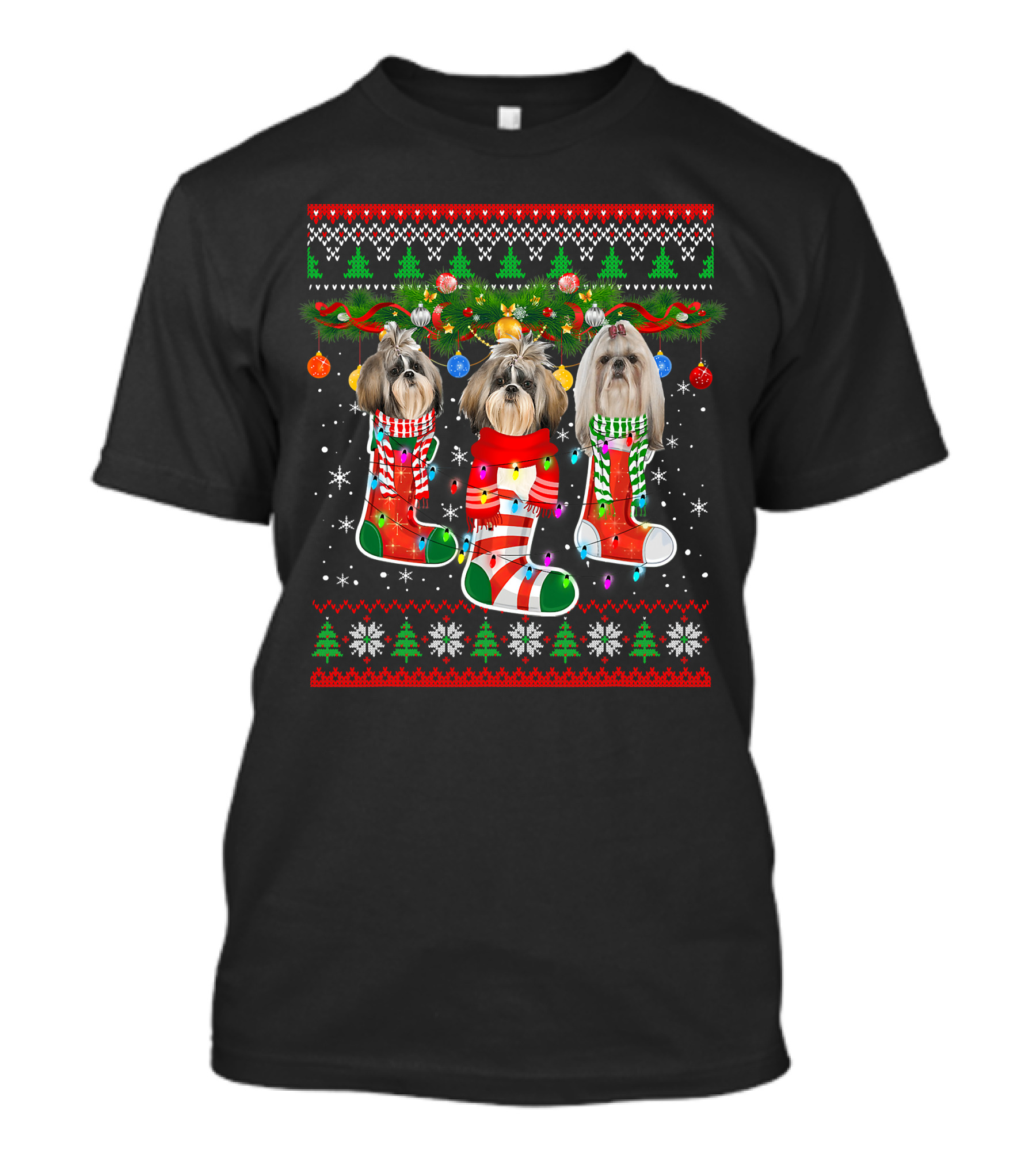 Shih Tzu Dogs Christmas Holiday Socks With Lights And Ornaments T-Shirt