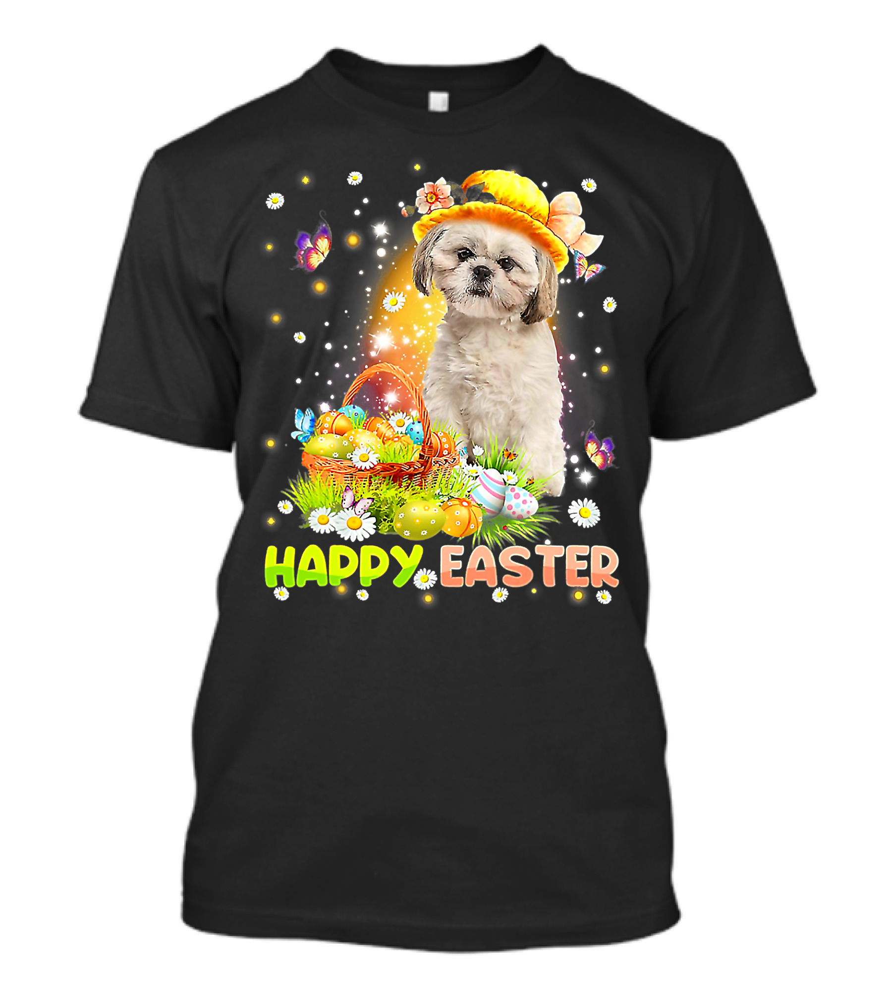 Happy Easter Cute Bunny Dog Shih Tzu With Eggs Basket And Butterflies T-Shirt