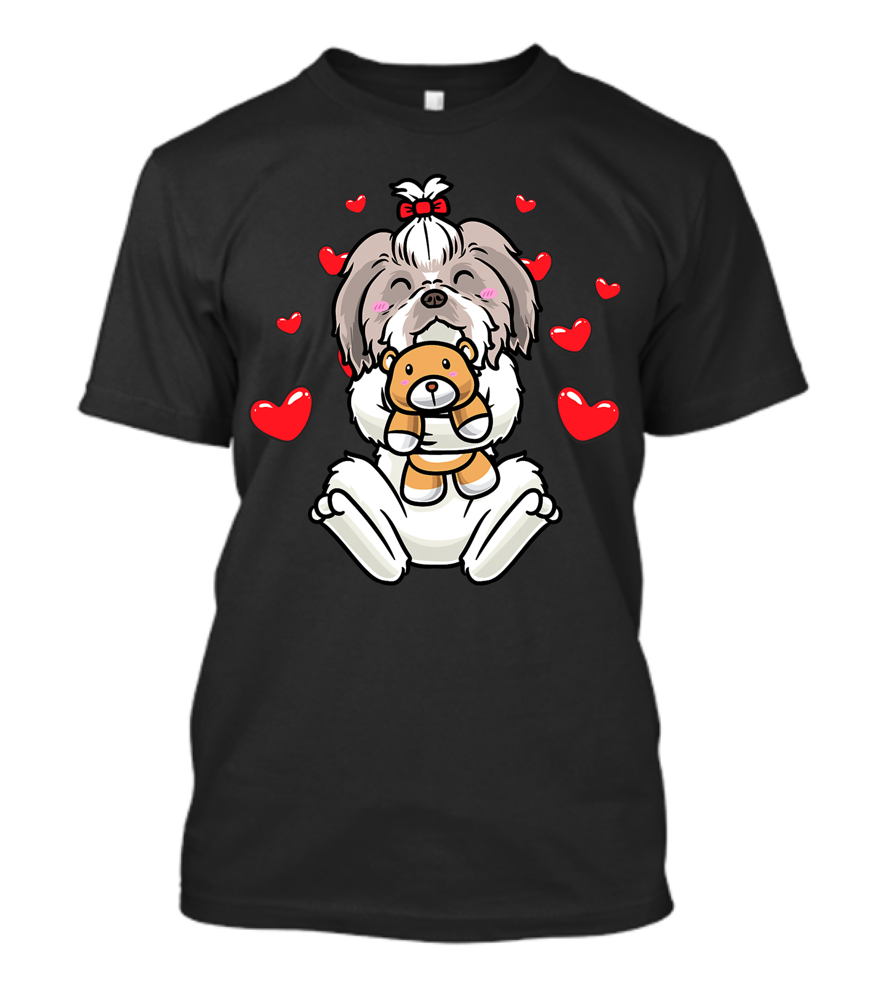 Kawaii Shih Tzu Holding Stuffed Animal Surrounded By Hearts T-Shirt