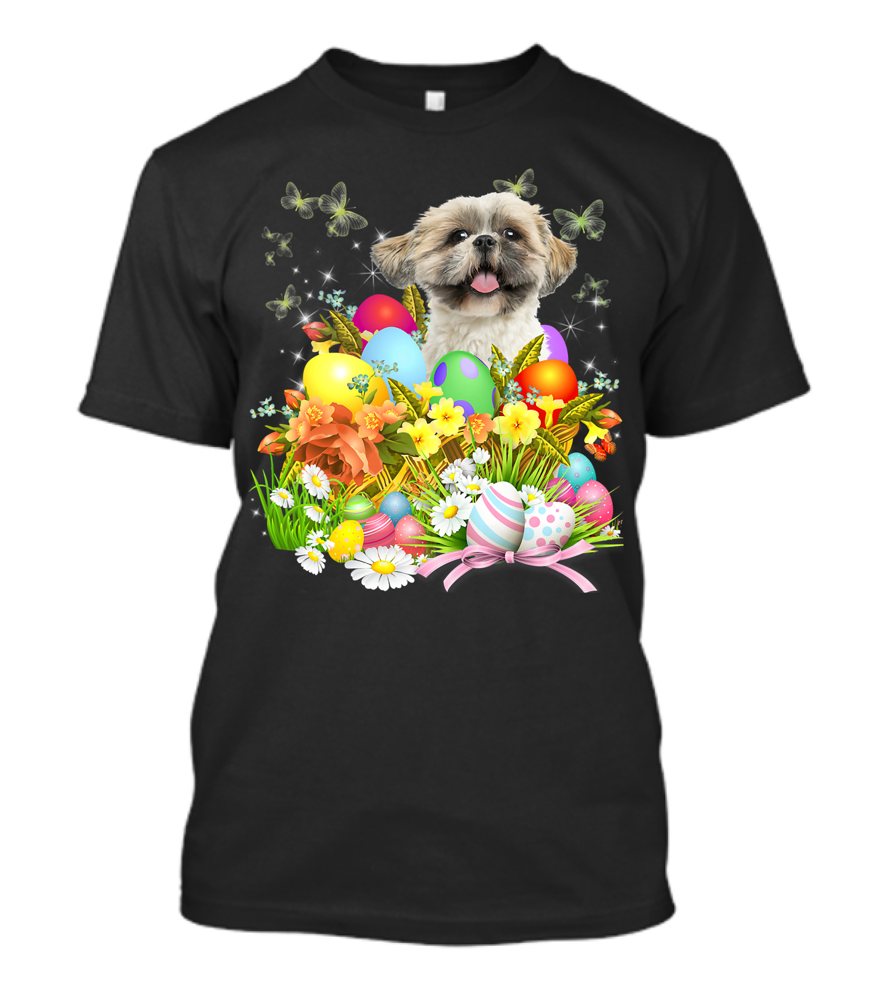 Shih Tzu Bunny Dog With Easter Eggs And Floral Basket T-Shirt