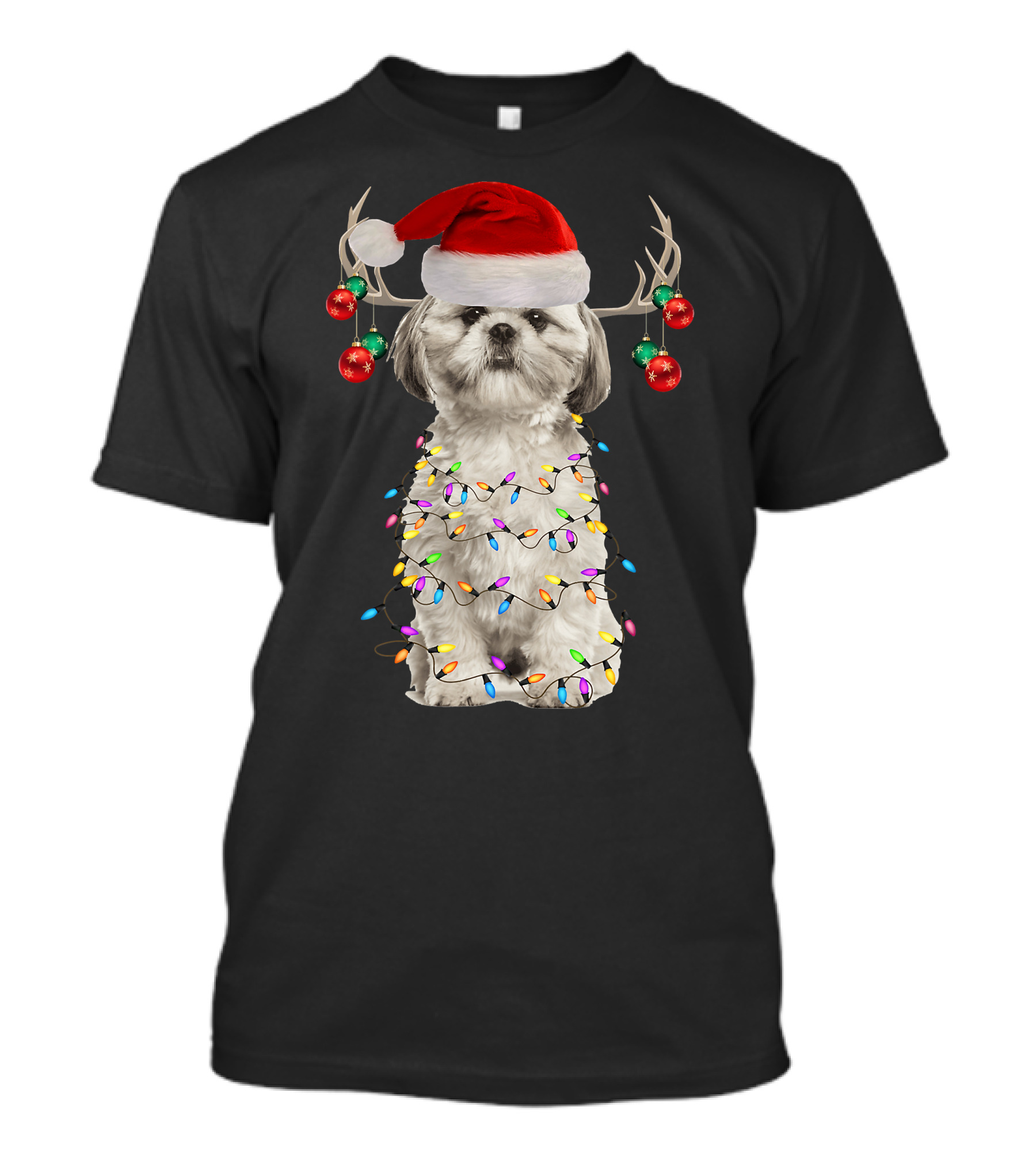 Shih Tzu Christmas Tree Santa Hat With Lights And Antlers T-Shirt