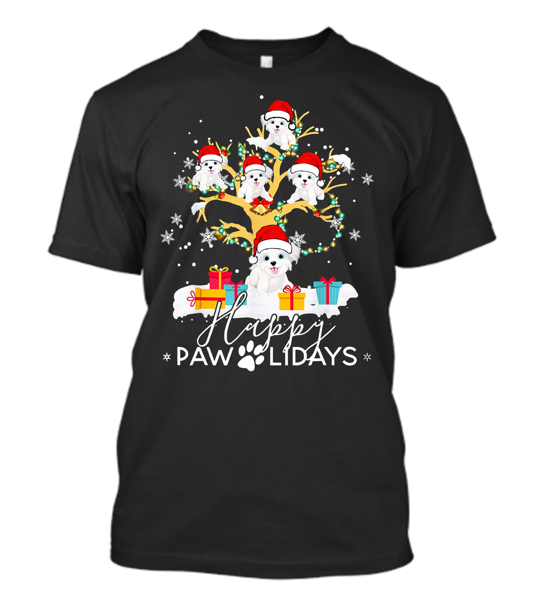 Shih Tzu Christmas Tree Santa Hat Lights Presents Happy Paw Holidays T-Shirt