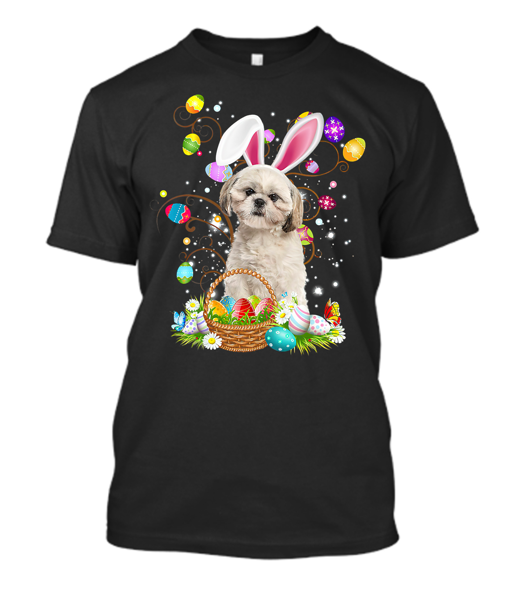 Shih Tzu Dog Bunny Ears With Colorful Easter Eggs Basket Fun Easter Day T-Shirt