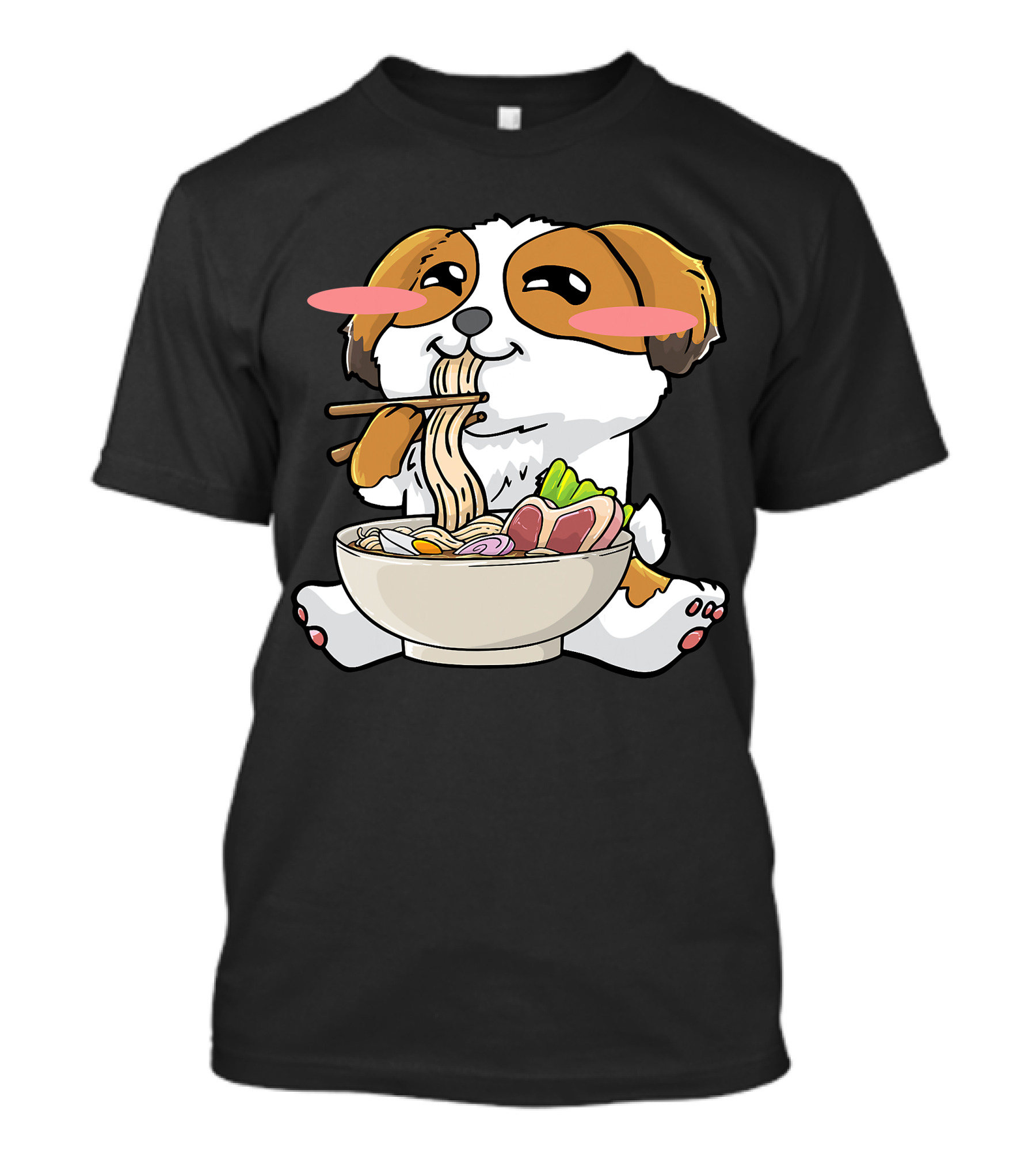Shih Tzu Dog Enjoying Ramen Noodles With Kawaii Cute Blush Cheeks T-Shirt