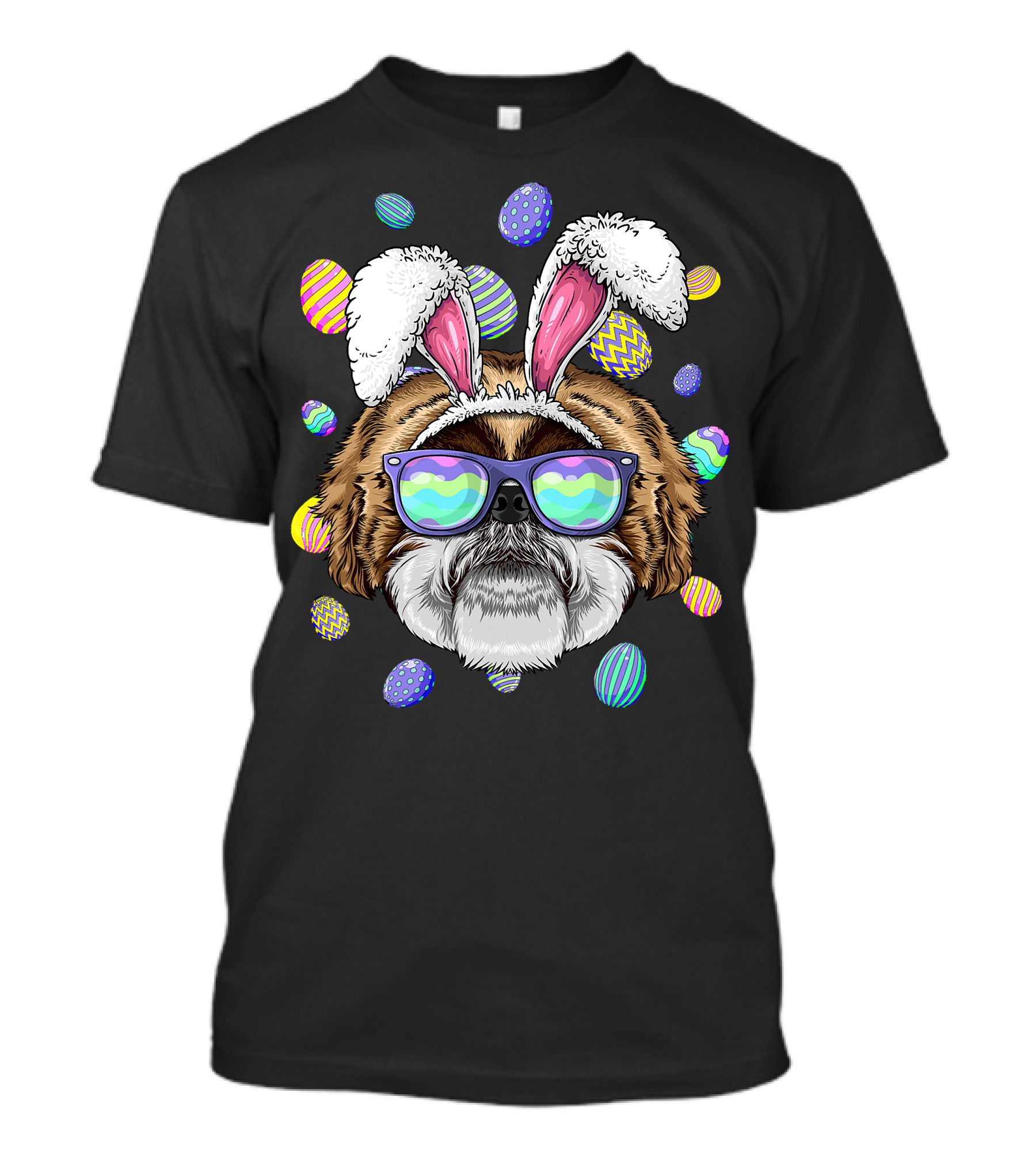 Shih Tzu With Bunny Ears And Sunglasses Surrounded By Colorful Easter Eggs T-Shirt